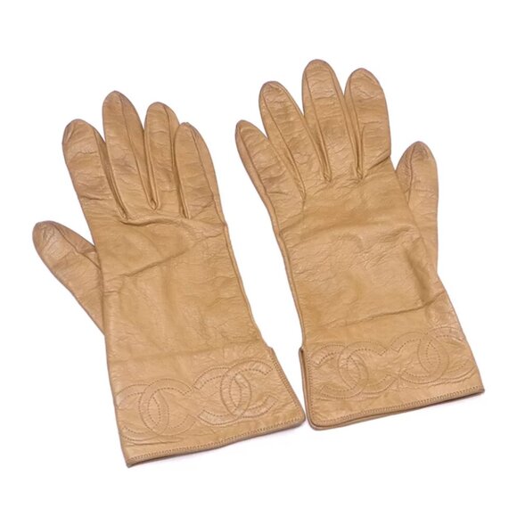 CHANEL Gloves COCO Mark Beige Leather Authentic - Picture 1 of 9